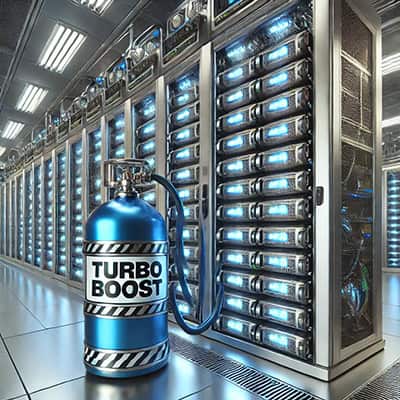 Server racks in a data center with a turbo boost fire extinguisher nearby.