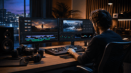 Person editing video on dual monitors in a professional studio setup.
