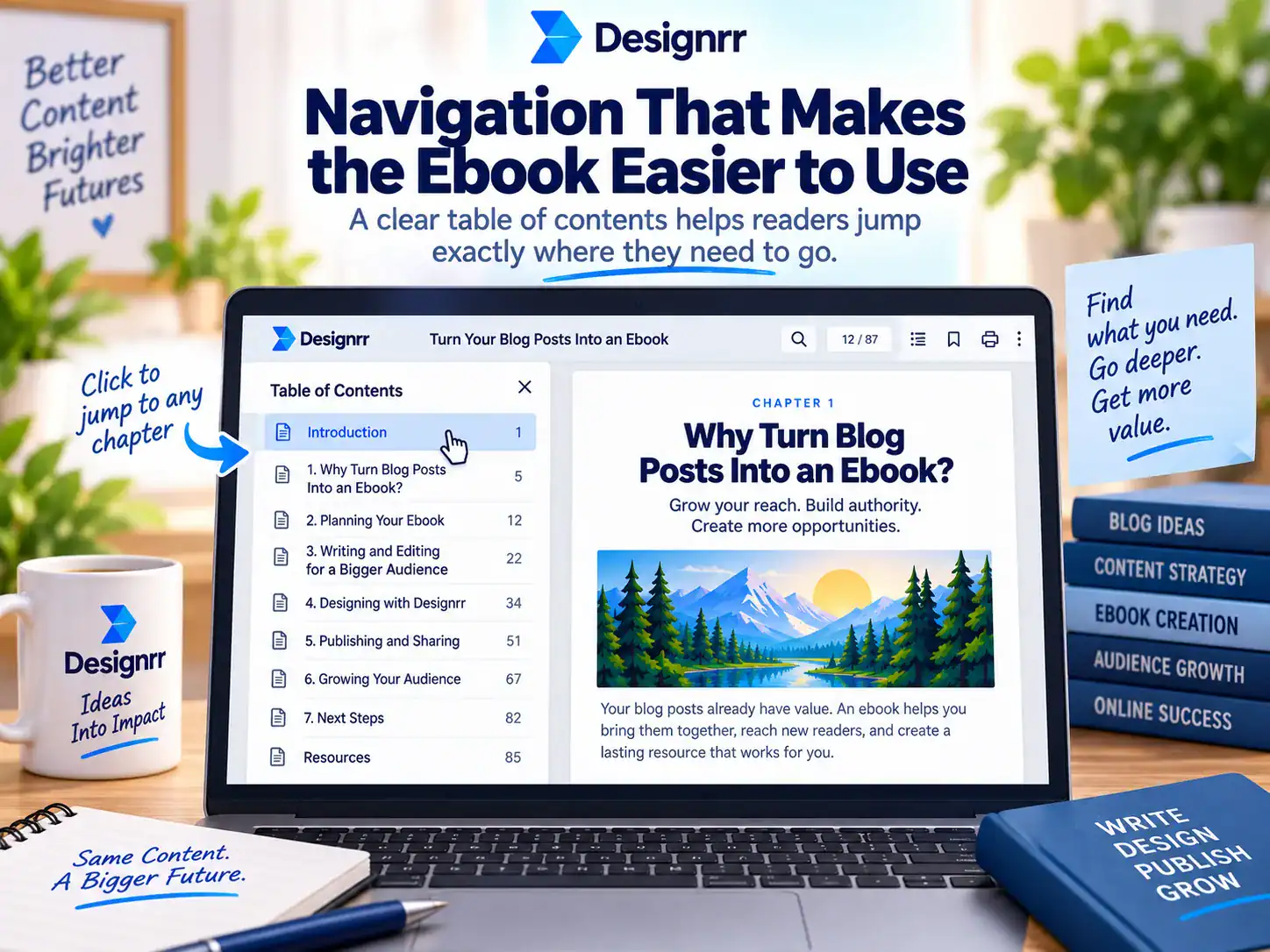 Designrr ebook navigation showing a clickable table of contents for easier chapter access