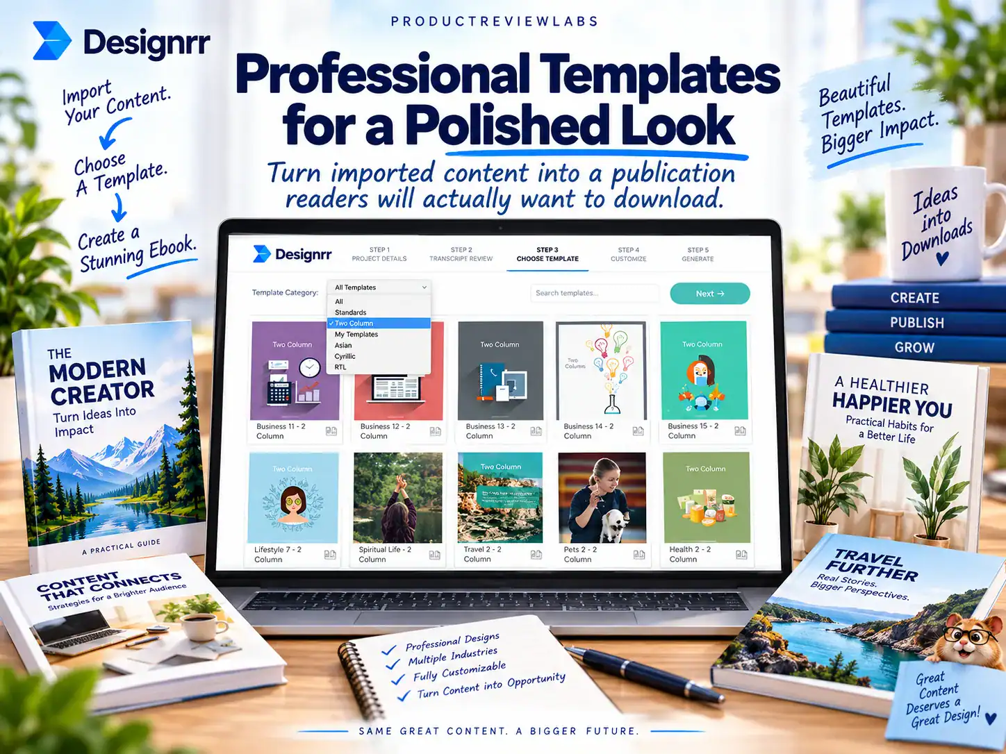 Designrr template selection screen showing ebook layouts and design choices