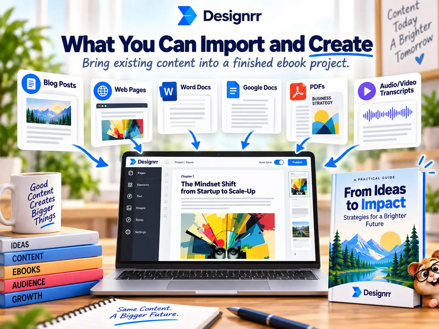 Designrr content import options for blog posts, web pages, Word documents, Google Docs, PDFs, and media