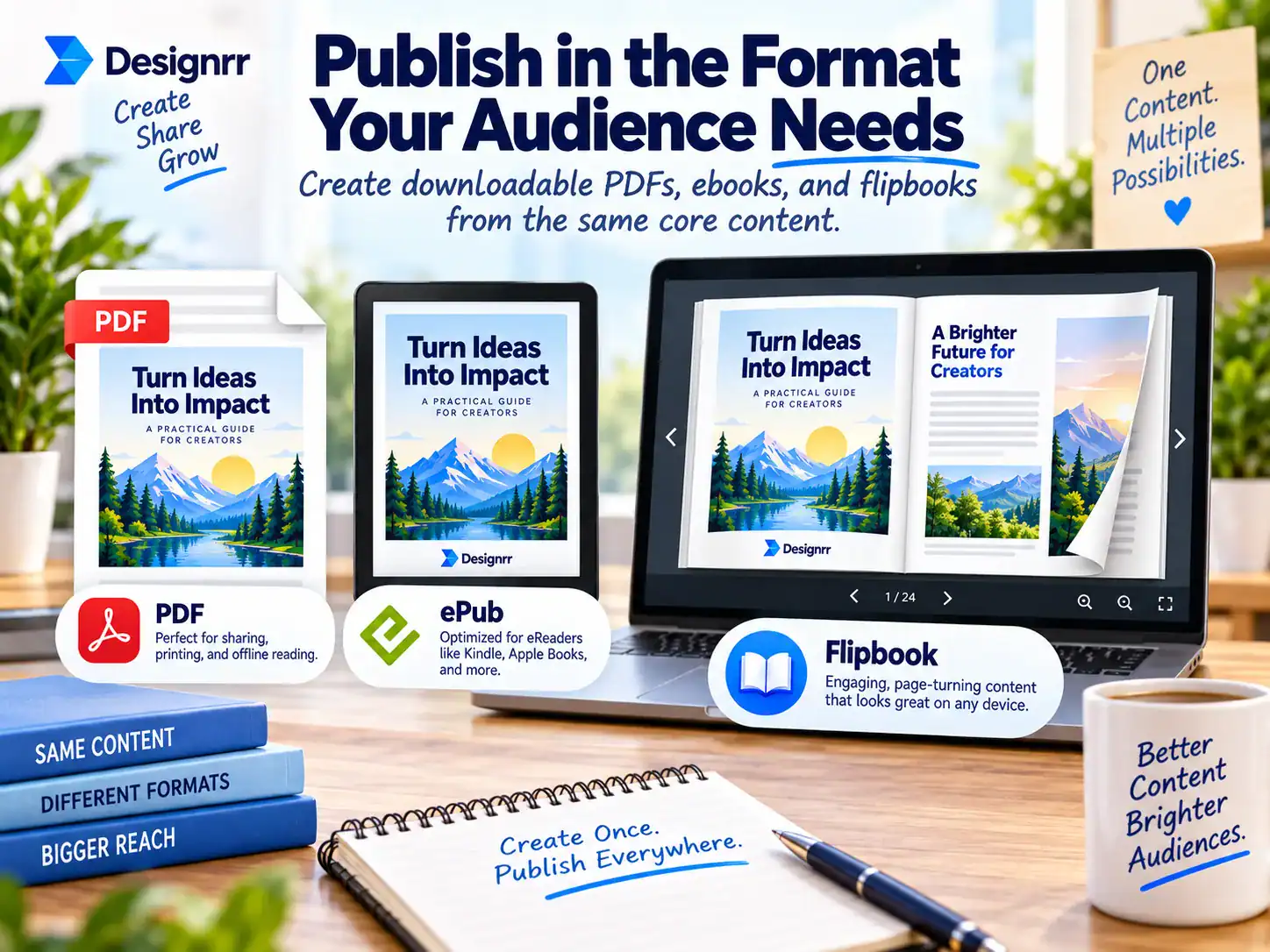 Designrr publishing formats showing PDF, EPUB, and flipbook output options