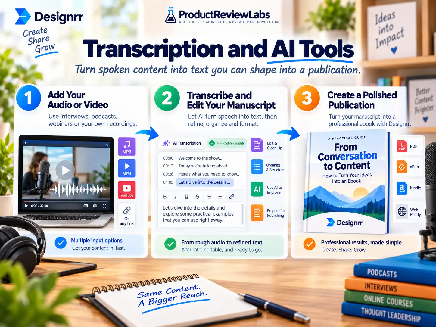 Designrr transcription workflow turning audio or video into editable text for an ebook