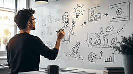 Man drawing marketing ideas on whiteboard for product videos.