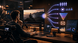 Person analyzing video content and marketing funnel on multiple screens.