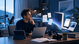Man working with digital devices and publishing tools in a modern workspace.