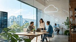Team discussing cloud hosting around a laptop, with a server rack and cloud security illustration