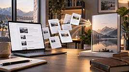 blog articles flying through the air and turning into an ebook