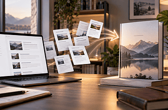 blog articles flying through the air and turning into an ebook