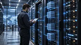 Technician monitoring server racks with virtual server overlays, illustrating VPS hosting.
