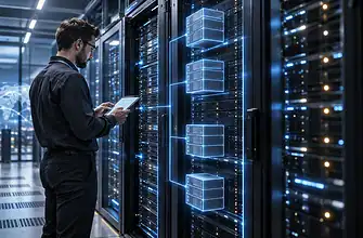 Technician monitoring server racks with virtual server overlays, illustrating VPS hosting.