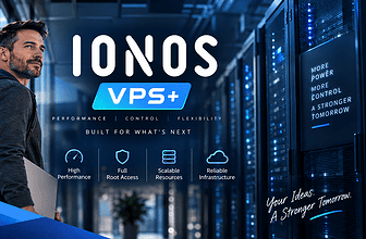 IONOS VPS+ review header featuring a server administrator in a data center with VPS hosting performance, root access, scalability, and reliability highlights.