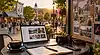 Local publisher planning community news and business coverage from a café workspace overlooking a busy downtown street, representing Local Media Empire.