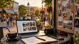 Local publisher planning community news and business coverage from a café workspace overlooking a busy downtown street, representing Local Media Empire.