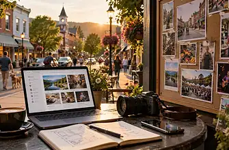 Local publisher planning community news and business coverage from a café workspace overlooking a busy downtown street, representing Local Media Empire.