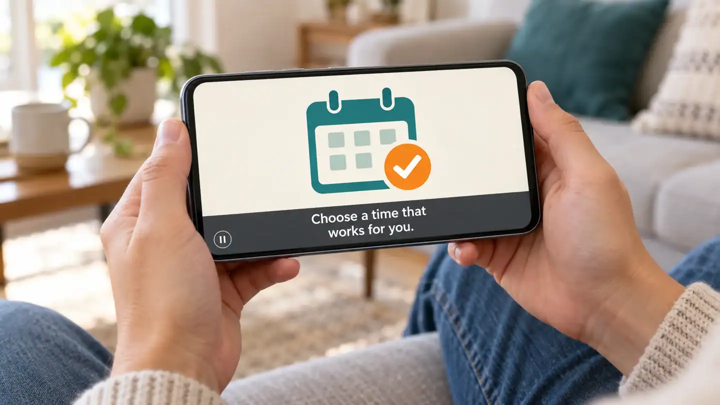 Explainer video playing on a phone with large captions and a simple calendar illustration.