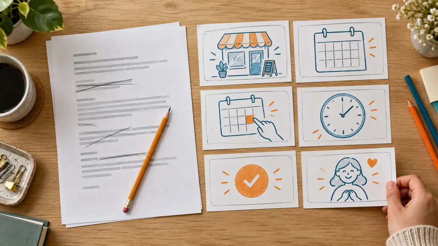 Script beside six storyboard sketches showing an appointment-booking explainer.
