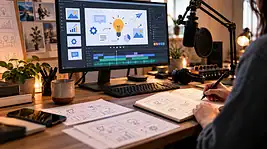 Explainer video workspace with animated icons on a monitor, a voiceover microphone, and storyboard sketches.