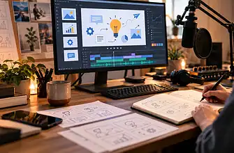 Explainer video workspace with animated icons on a monitor, a voiceover microphone, and storyboard sketches.