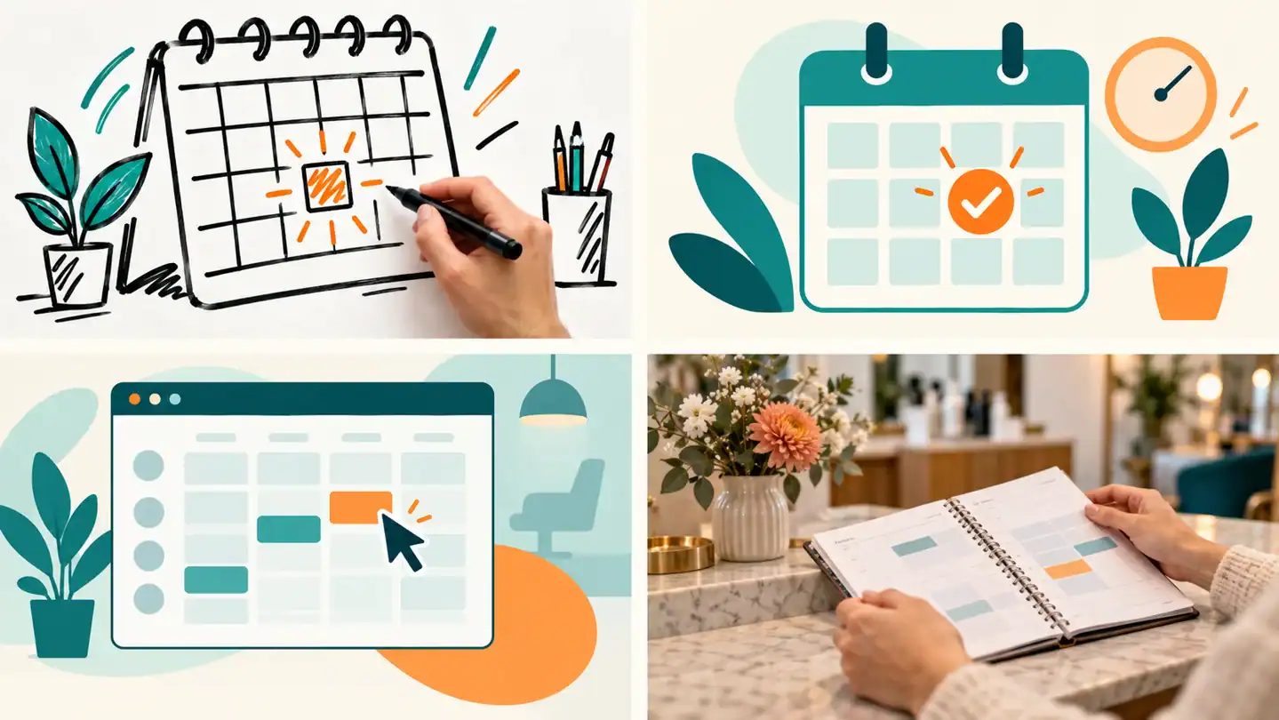 Appointment-booking examples in whiteboard, slide, illustrated screen-demo, and photographic styles.