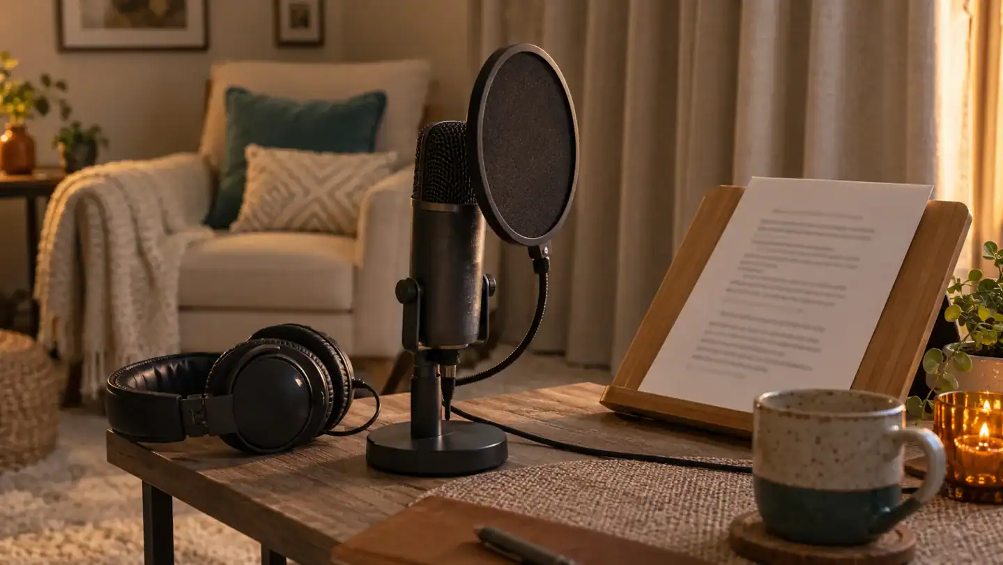 Microphone, pop filter, headphones, and script in a softly furnished home recording space.