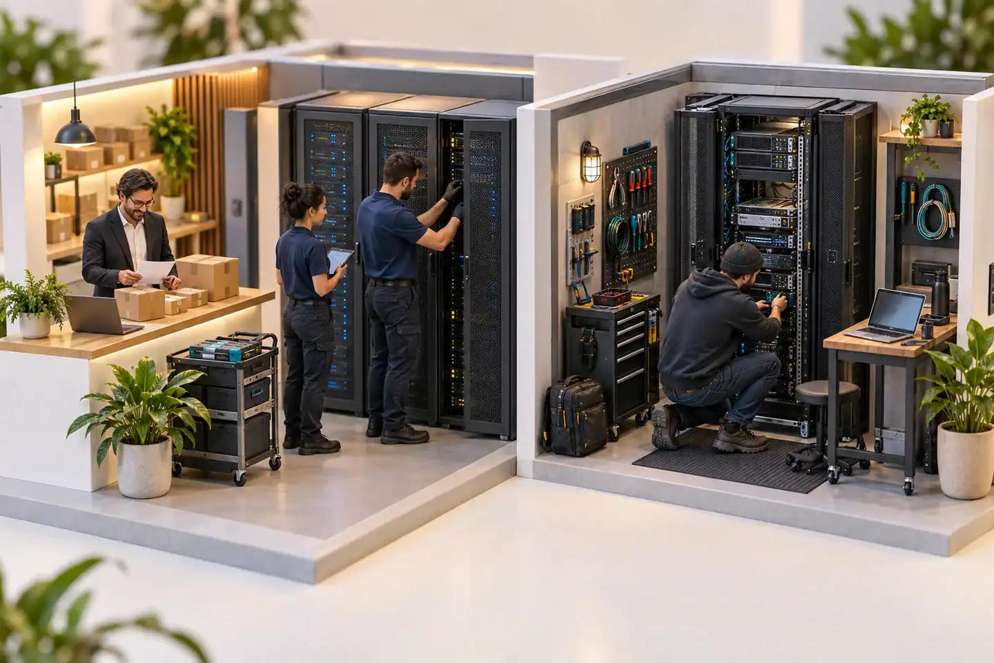 An Illustration for our Hosting.com VPS Review showing a business owner supported by server technicians beside an administrator maintaining a server independently.