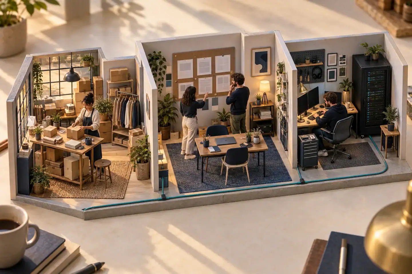 Miniature ecommerce studio, web agency and developer workspace illustrating different VPS hosting use cases.