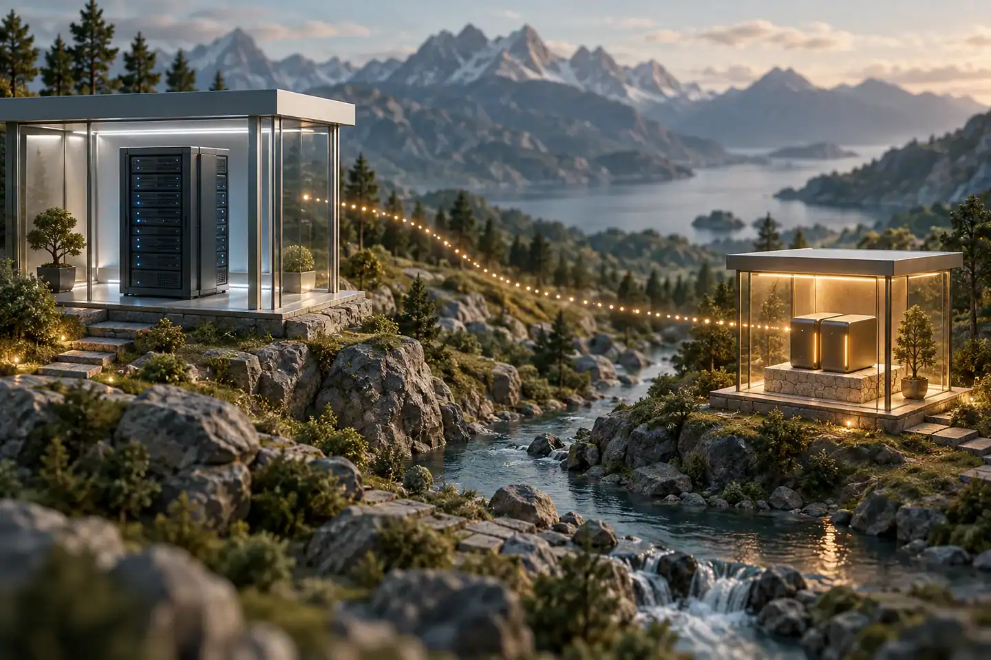 Conceptual illustration of a hosting server and backup drives housed in separate buildings.