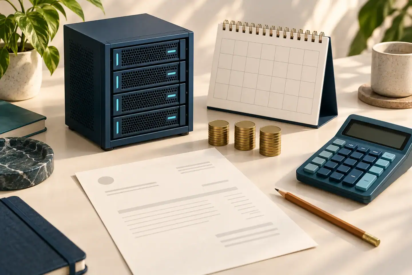 Miniature server beside a calendar, calculator and invoice, illustrating recurring VPS hosting costs.