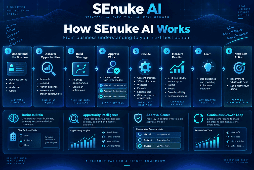 Infographic showing how SEnuke AI works through an eight-step growth workflow: understand the business, discover opportunities, build strategy, approve work, execute, measure results, learn, and choose the next best action.