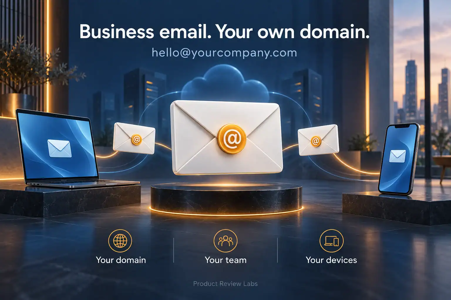 Custom-domain business email illustrated by envelopes connecting a laptop and smartphone