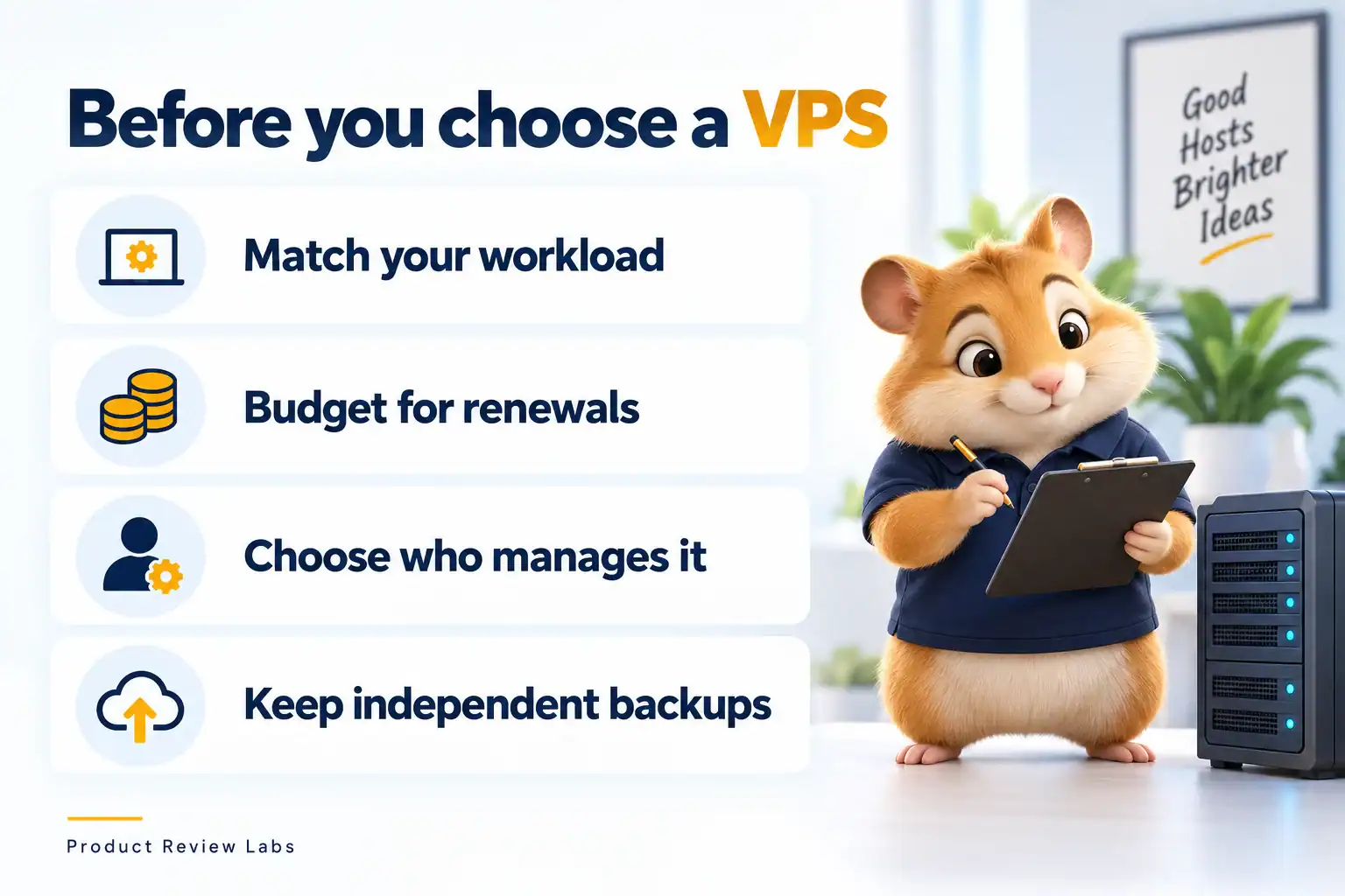Hamster hosting technician reviewing workload, renewal cost, management, and backups
