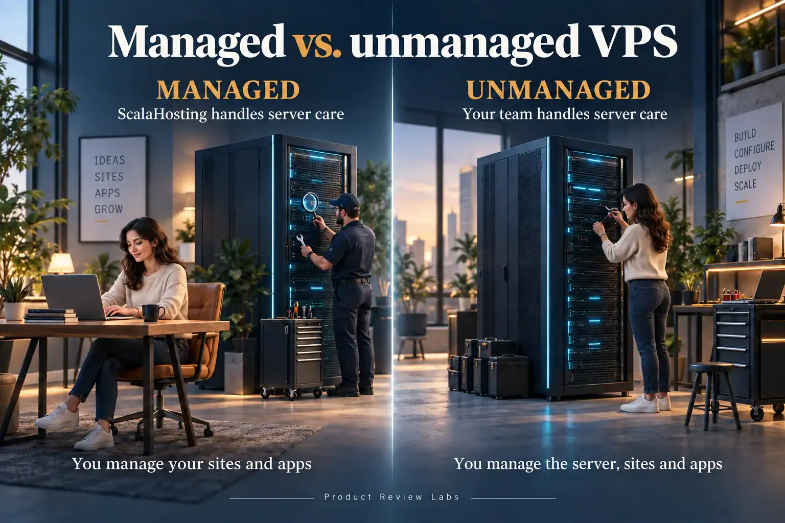 Business owner working at her desk with managed VPS, compared with maintaining the server herself on unmanaged VPS