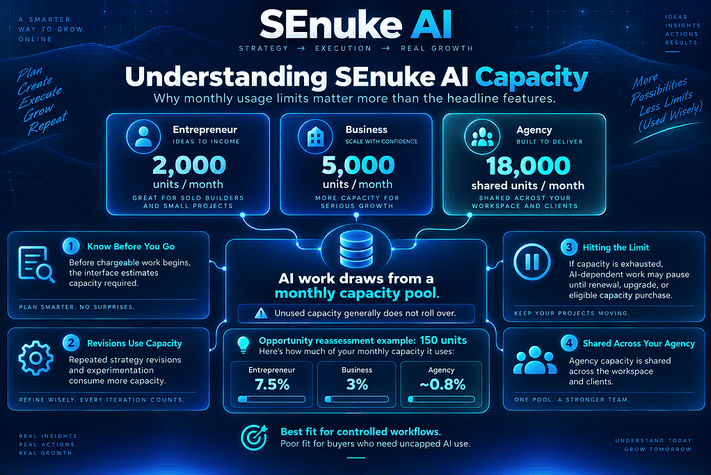 Infographic explaining SEnuke AI capacity limits, showing Entrepreneur with 2,000 units per month, Business with 5,000 units, and Agency with 18,000 shared units, plus how capacity is used and what happens when limits are reached.