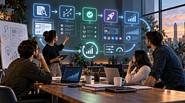 Marketing team reviewing a digital growth workflow with strategy, approvals, execution, and analytics dashboards, representing SEnuke AI marketing automation software.