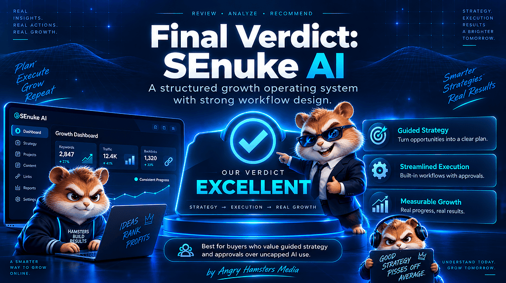 Hamster-themed SEnuke AI final verdict graphic showing three cartoon business hamsters around a glowing review badge labeled ‘Excellent,’ with a SEnuke AI dashboard in the background and callouts for guided strategy, streamlined execution, and measurable growth.”